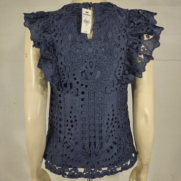 NWT Express dark blue eyelet lace flutter sleeve blouse shirt womens size XS - Picture 5 of 10